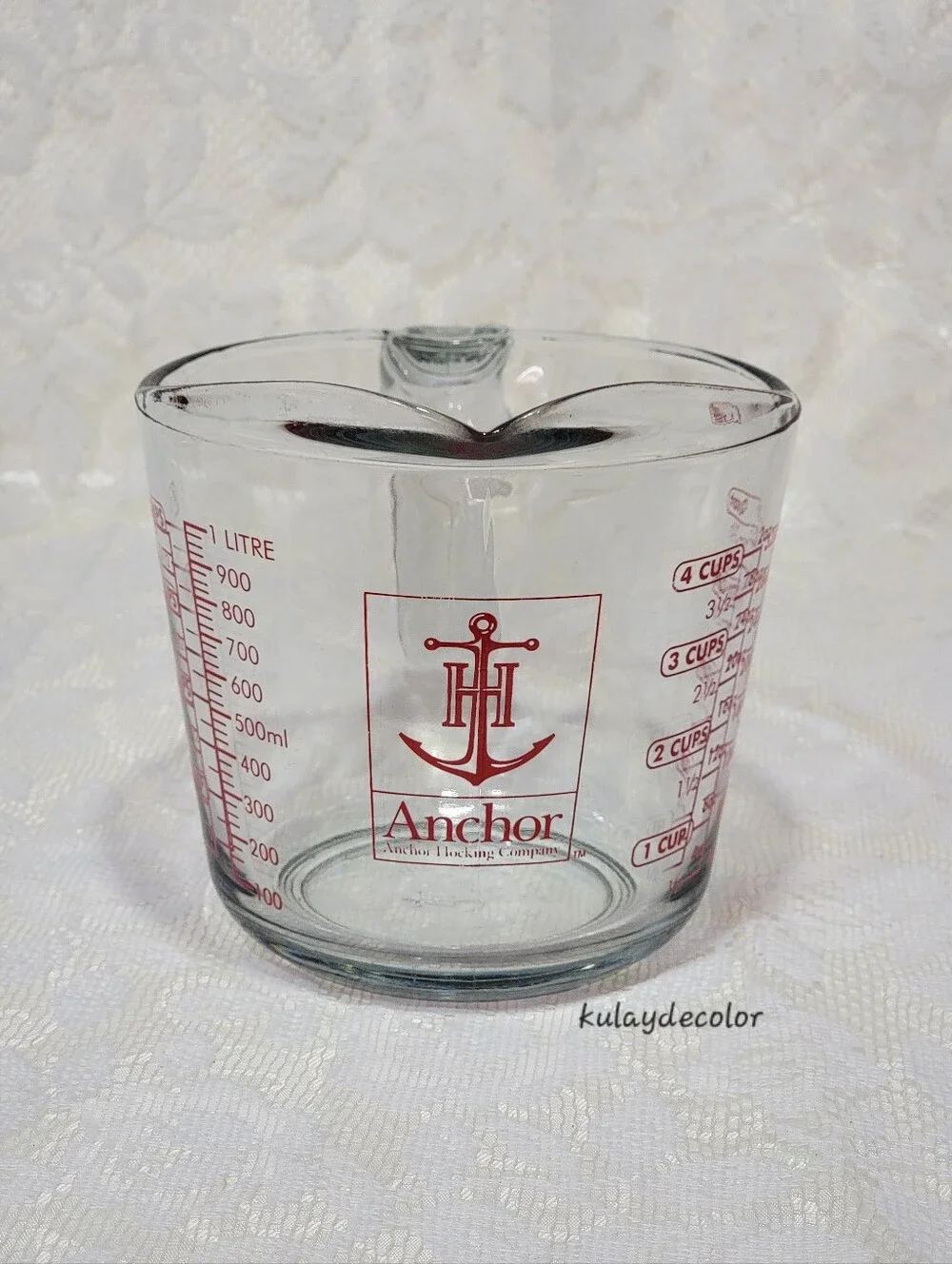 Anchor Hocking 4 Cup 1 Quart Glass Measuring Cup Red Lettering 32 oz 1 Liter